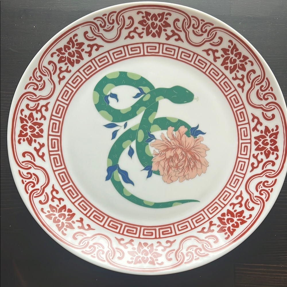 Decorative Plate with Green Snake and Floral Design